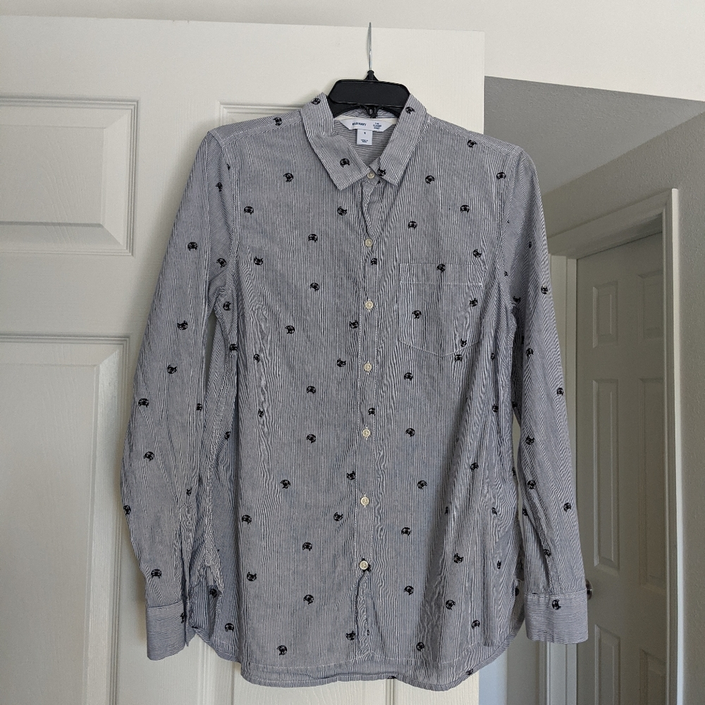 Long sleeve button up pinstripe cat print M